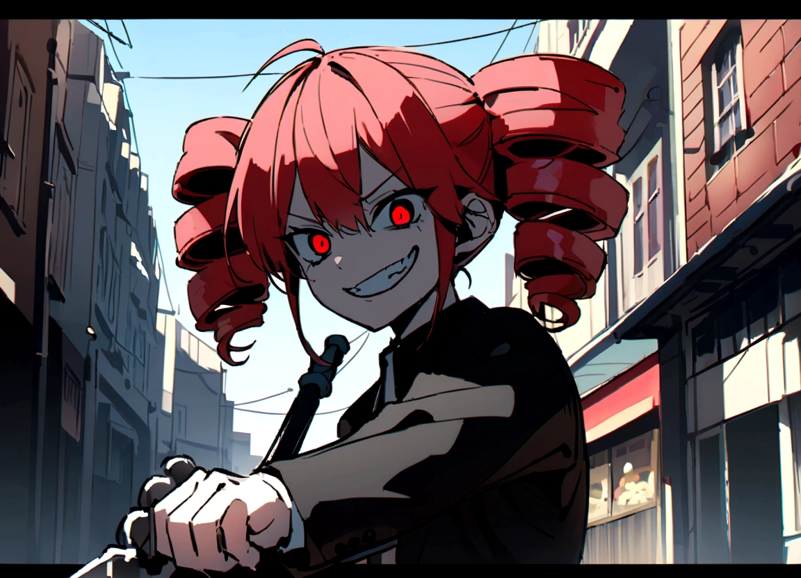 Red hair、Black suit、Black slacks、Wearing leather shoes、Holding a metal bat、Scary smile、In town、Daytime