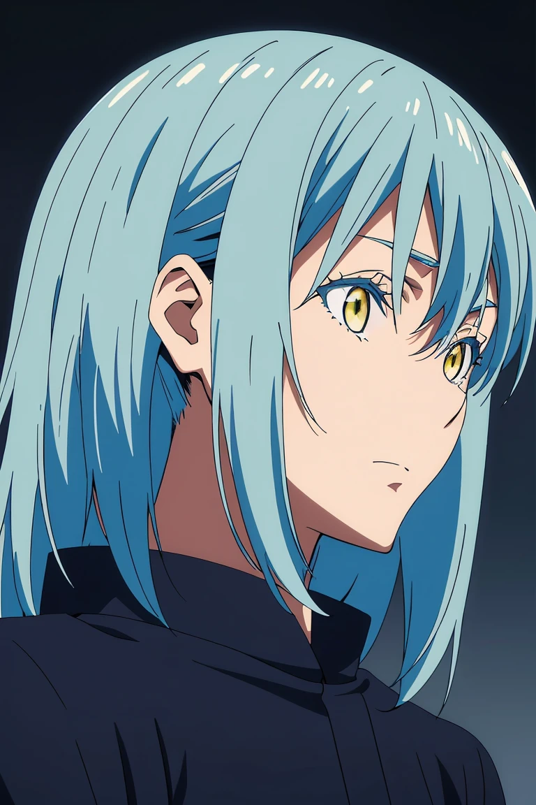 anime boy with interesting hair and a dress standing in front of a dark background, artwork in the style of Guweiz, profile of anime boy, portrait anime boy, beautiful anime portrait, Rimuru Tempest, blue hair, yellow eyes, male characteristics, detailed, high quality, high resolution, masterpiece, best quality