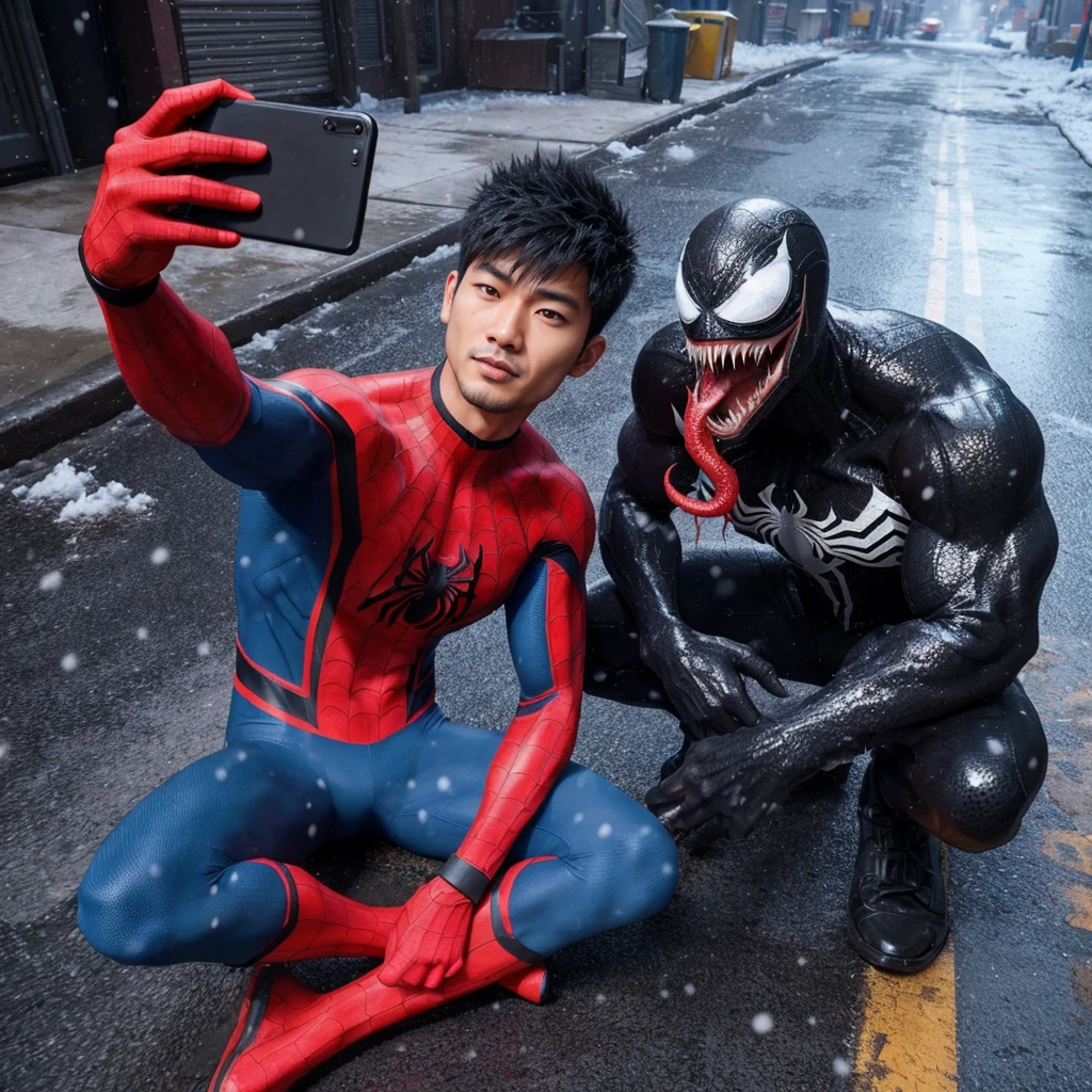 3d hyper realistic an asian man ,25 years old, short and spiky hair wearing a spiderman costume is taking a selfie with a black creature called venom on a dirty sidewalk , with snowfall ,4k,UHD,cinematic,ultra realistic