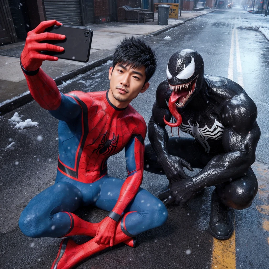 3d hyper realistic an asian man ,25 years old, short and spiky hair wearing a spiderman costume is taking a selfie with a black creature called venom on a dirty sidewalk , with snowfall ,4k,UHD,cinematic,ultra realistic