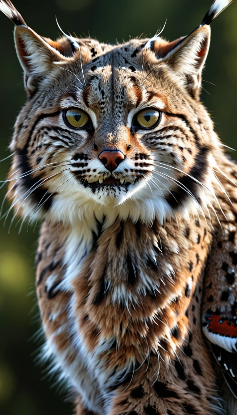 Looks like a bobcat,Long hair on the head,Mysterious Creatures, shrike, (best quality,4K,8K,High level,masterpiece:1.2),Ultra Detailed,(lifelike,Photo real,Photo real:1.37),Highly detailed animals,Complex patterns,Realistic lighting,Fantasy Creatures