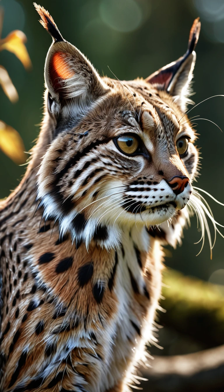 Looks like a bobcat,Long hair on the head,Mysterious Creatures, shrike, (best quality,4K,8K,High level,masterpiece:1.2),Ultra Detailed,(lifelike,Photo real,Photo real:1.37),Highly detailed animals,Complex patterns,Realistic lighting,Fantasy Creatures