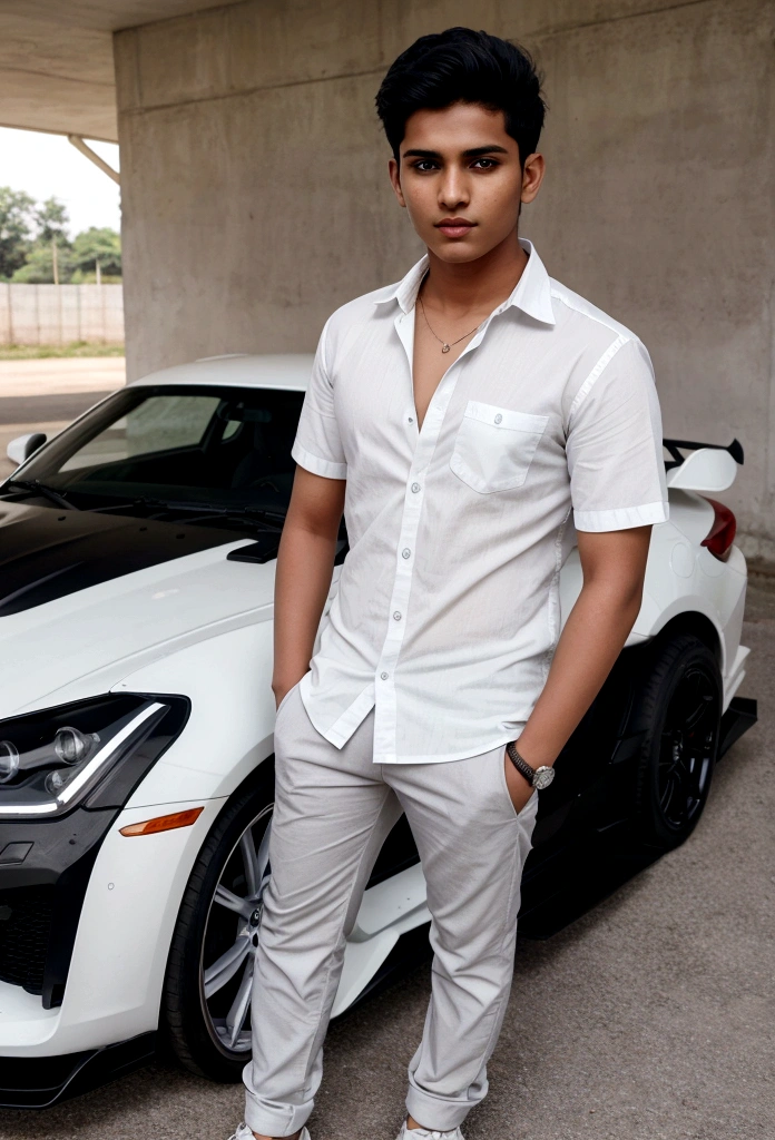 A 18 years old Indian bihari handsome boy, white skin, black short hair, wearing white shirt gray pant, stand next to the sport car, motion blur, drop shadow, speed lines, 8k, 16k, 1080P, HD, highres, best quality, award winning, high quality, high details, super detail, anatomically correct
