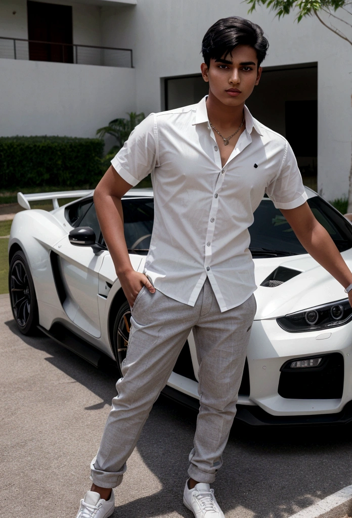 A 18 years old Indian bihari handsome boy, white skin, black short hair, wearing white shirt gray pant, stand next to the sport car, motion blur, drop shadow, speed lines, 8k, 16k, 1080P, HD, highres, best quality, award winning, high quality, high details, super detail, anatomically correct