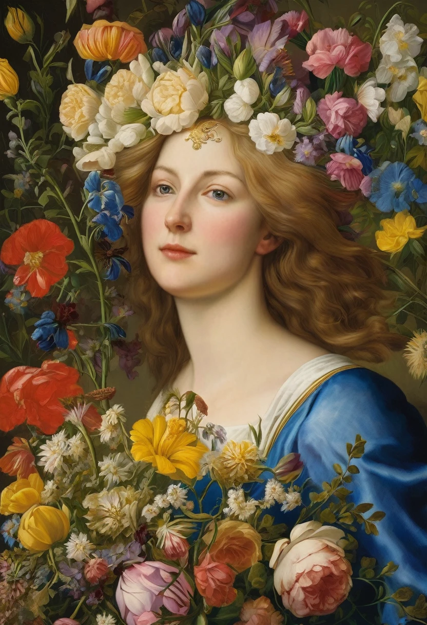 Bouquets that delight our eyes today appeared in France, where in the Middle Ages flower compositions were composed as interior decorations, as decorative elements, and flowers were also used to create hairstyles. Woman in flowers, close-up, high resolution, very good quality.