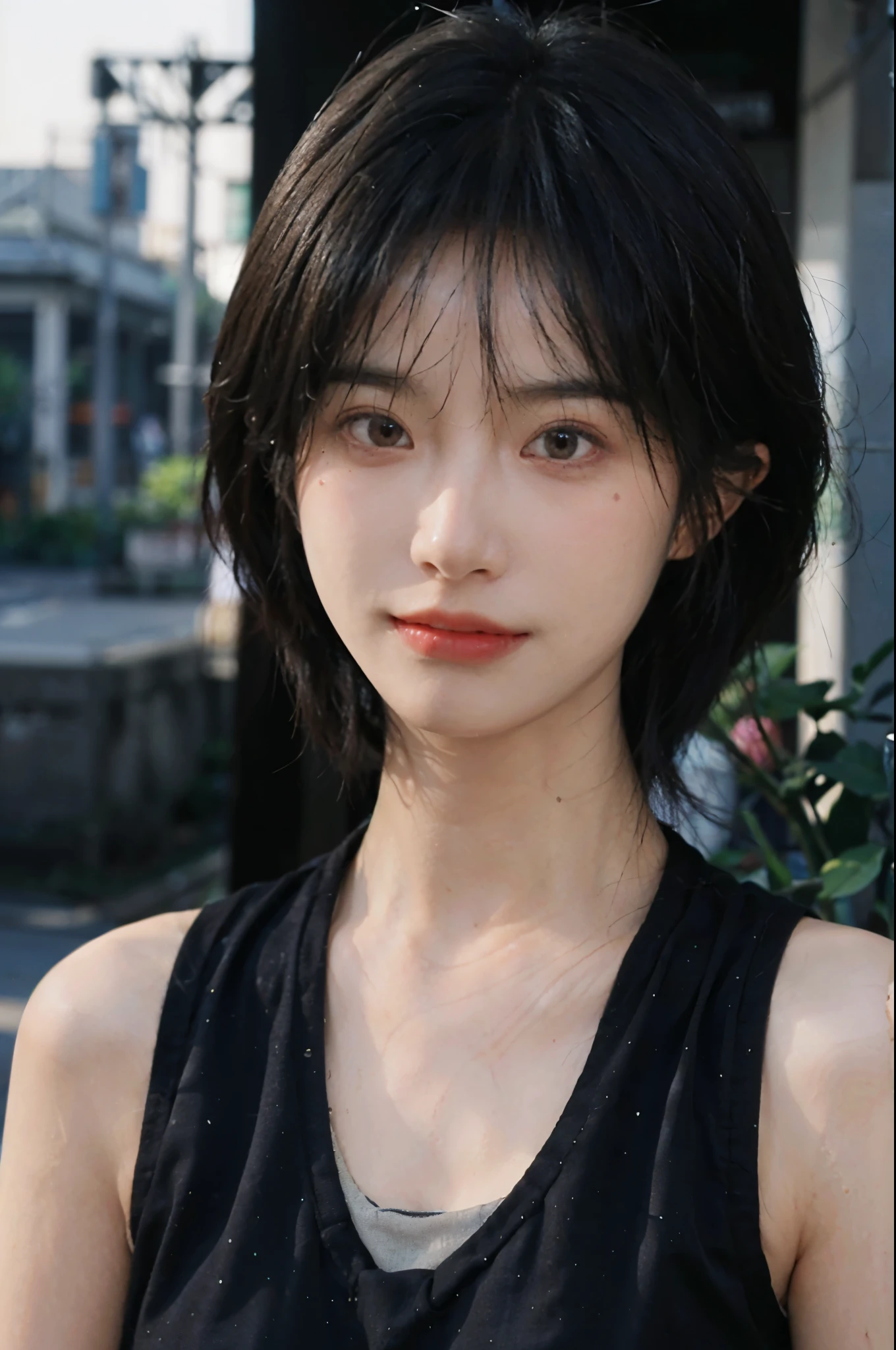 (Skin details:1.4), (smooth skin textures:1.3), Lipstick, background, Direct vision, earrings, serene, calm, (Realistic and detailed eyes:1.2), Natural skin texture, Realistic facial details, Soft dramatic lighting, Vivid details, 35 mm film, outdoor, (Photo Practical:1.4), (hyper Practical:1.4), (Practical:1.3), (Smoother lighting:1.05), (Improve lighting quality:0.9), (Highest quality real skin textures:1.4), Exquisite eyes, Delicate face, Close-up of face, (Enhance the beauty of skin texture:1.1), Hair details, Vest,normal body ratio, short hair, Moles under the eyes, thinking, A faint smile,公园background,Portrait Photography, Depth of Field, Bokeh, Surrealism, Ray Tracing, (Portrait Photography:1.1), Surrealism, High Detail, Chiaroscuro, Ray Tracing, reflected light, Ultra HD, Ultra HD, masterpiece, Textured Skin, Super Detail, High Detail, high quality, best quality