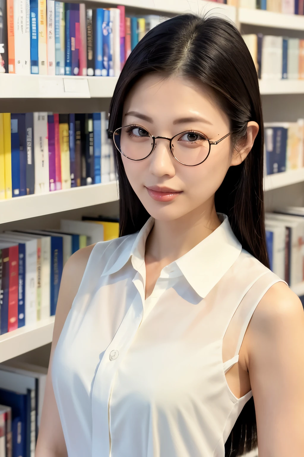 (Highest quality、Tabletop、8K、Award-winning works、Ultra-high resolution、Best image quality)、One beautiful woman、(The perfect sleeveless white collared blouse:1.3)、(Large Breasts:1.3)、(Accentuate your body lines:1.1)、(Elegant round glasses:1.2)、library、(Standing Elegantly:1.1)、(Strongly blurred background:1.1)、Stand next to a bookshelf、(Perfectly organized bookshelf:1.1)、Bookshelf in the background、居心地の良いlibrary、lipstick、Long eyelashes、Perfect Makeup、Emphasize lines、soft and warm lighting、Detailed bookshelf、(Ultra-high resolutionの正確な美しい髪:1.1)、(Accurate ???????:1.2)、Ultra-high definition beautiful eyes、(Super bright and radiant skin:1.1)、(Face close-up:1.1)、(Expressionless:1.2)