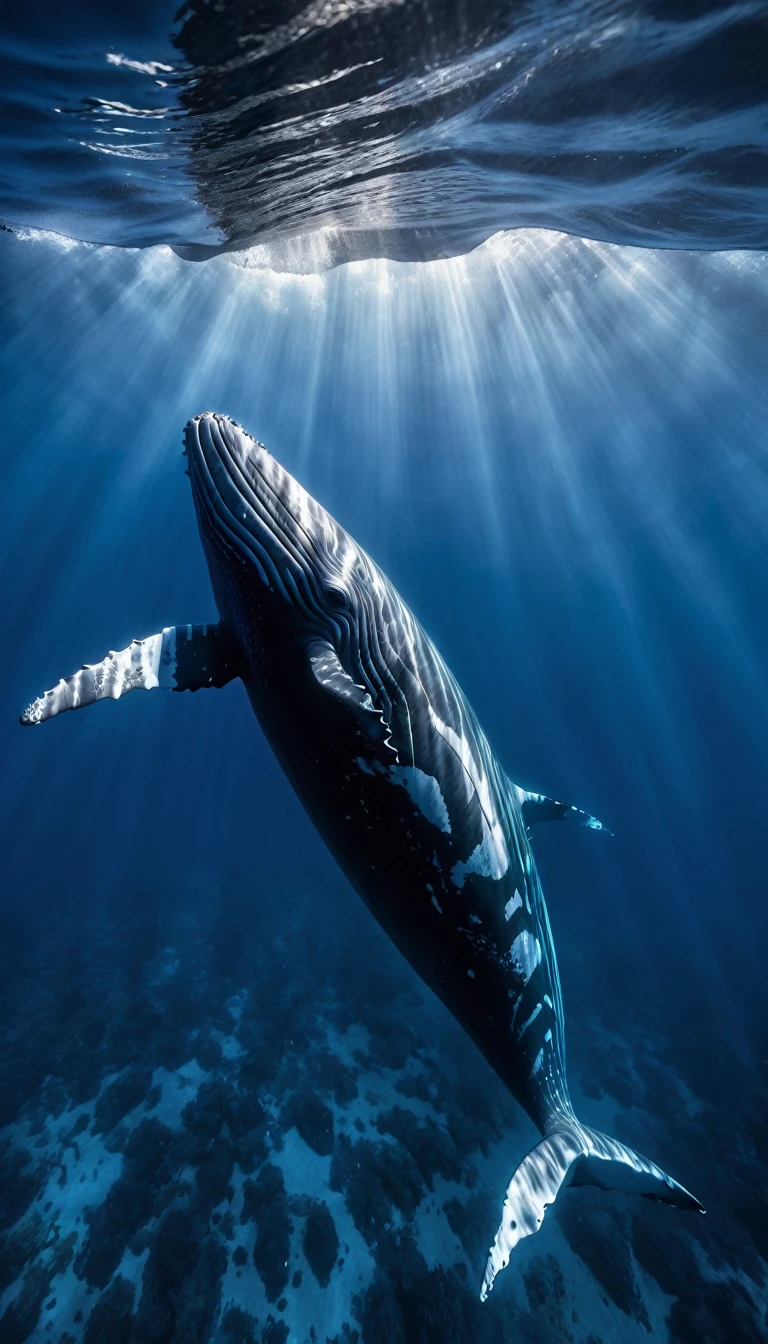 Underwater Photography,Whale,clear blue sea,dawn,masterpiece,Extreme large number of details,Light and dark contrast,Hyper HD,masterpiece,Award-winning works,The best quality at its best,High resolution,16K,Photographic realism