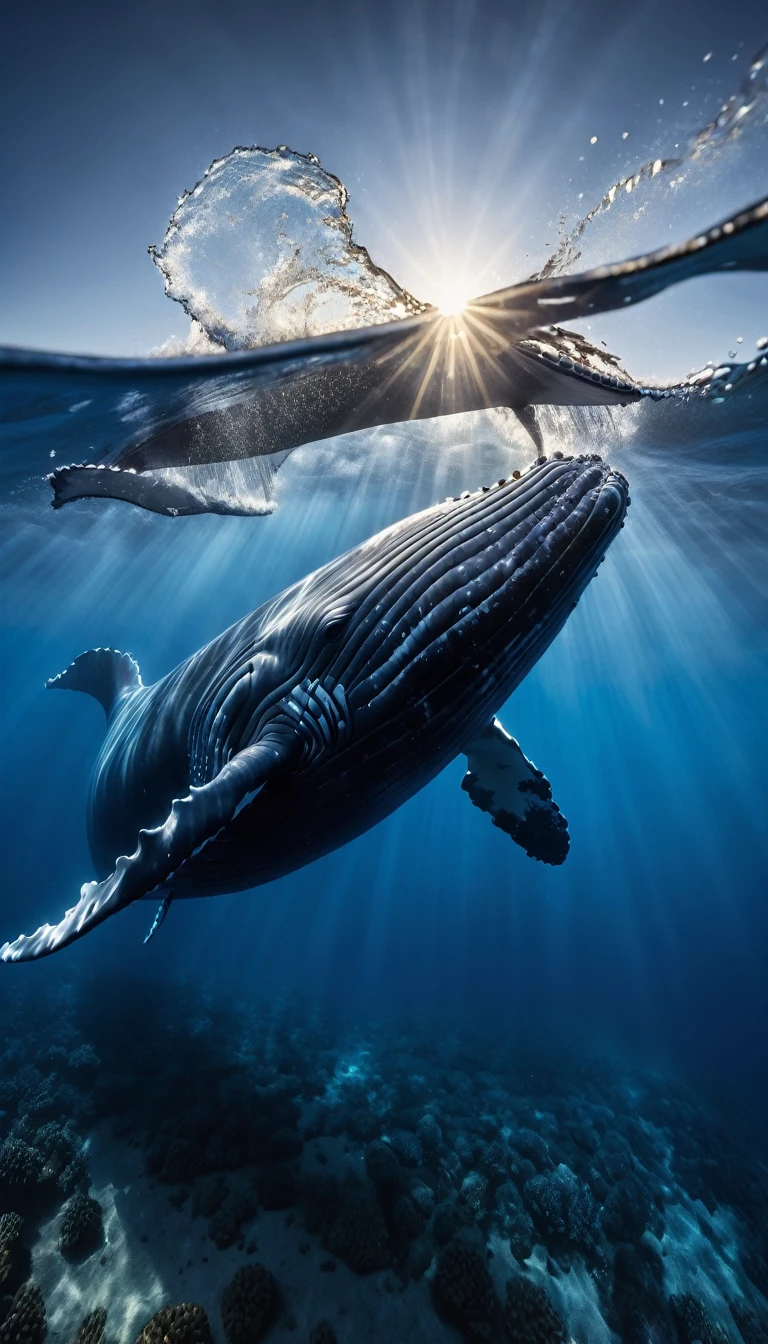 Underwater Photography，Whale，clear blue sea，dawn，masterpiece，Extreme large number of details，Light and dark contrast，Hyper HD，masterpiece，Award-winning works，The best quality at its best，High resolution，16K，Photographic realism