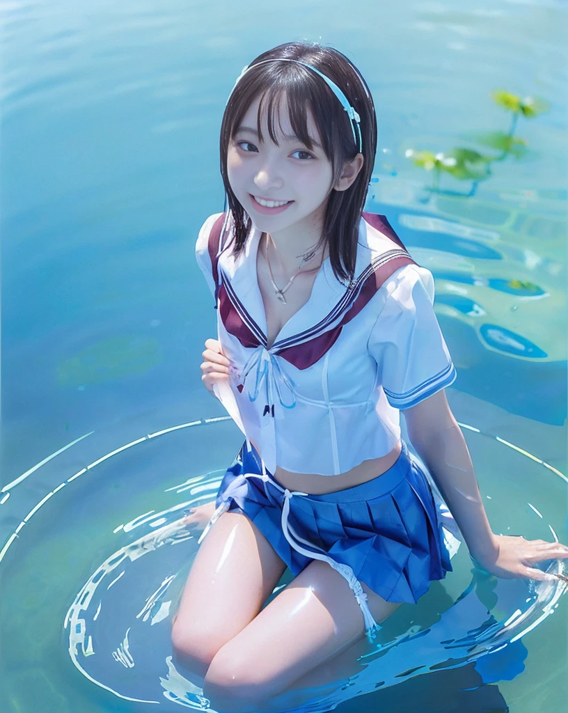 (NFSW)、(High resolution:1.5)、Highest quality,Very detailed,masterpiece,Super detailed,alone,(One 12 year old girl),((Summer School Uniforms:1.5)), Seraphim, ((skirt:1.5)),  smile, Thigh  images: 1.5、(((barefoot)))、(Her thighs and white bikini reflected in the clear blue water)、(reflected in water:1.5)、((I can see the white string panties:1.5))、(Cleavage)、((Clear blue seawater))、Summer sun、はしゃいだsmile、Beautiful Eyes、(pull-out-panties)、(Panties on knees)、Big necklace and tiara、The water is marine blue、(((Glossy thighs)))