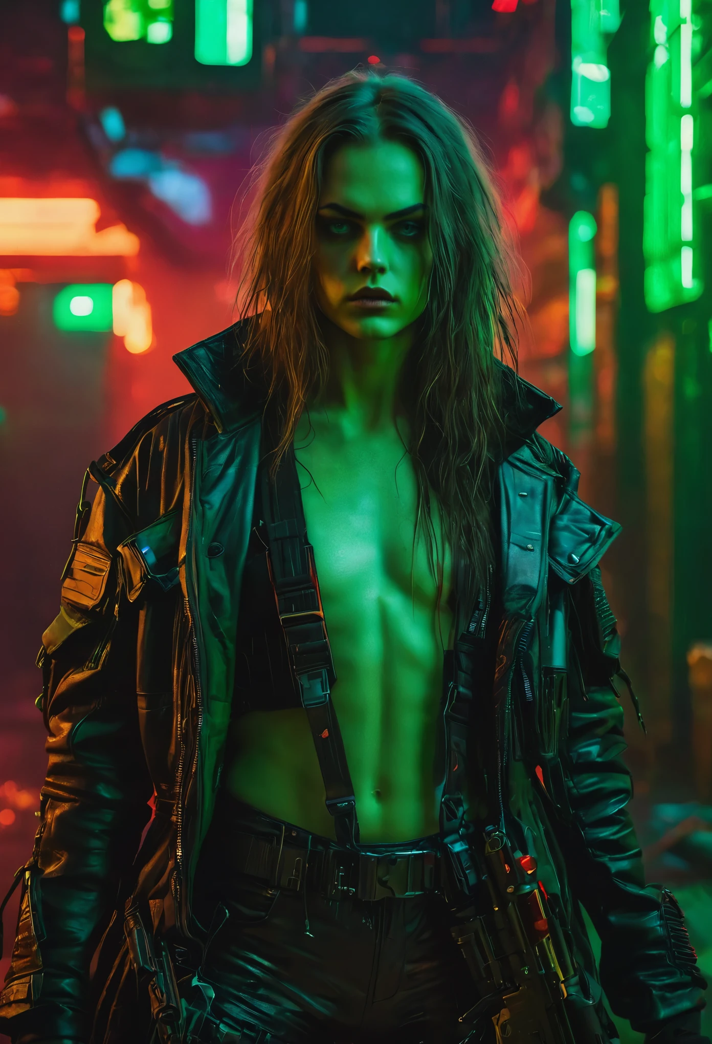 beautiful girl with small breasts, wear a rough jacket, long hair, Machine weapons in a cyberpunk night scene, Cyberpunk red green background