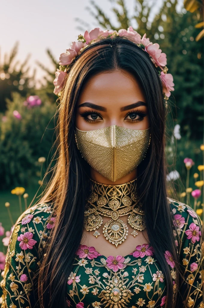 A person wearing a mask and holding a sword could be standing in a field of flowers.
A close-up portrait of a person with a mask and elaborate makeup could be accented with glittering jewelry.
A landscape image could show a neon sign in a park at night.