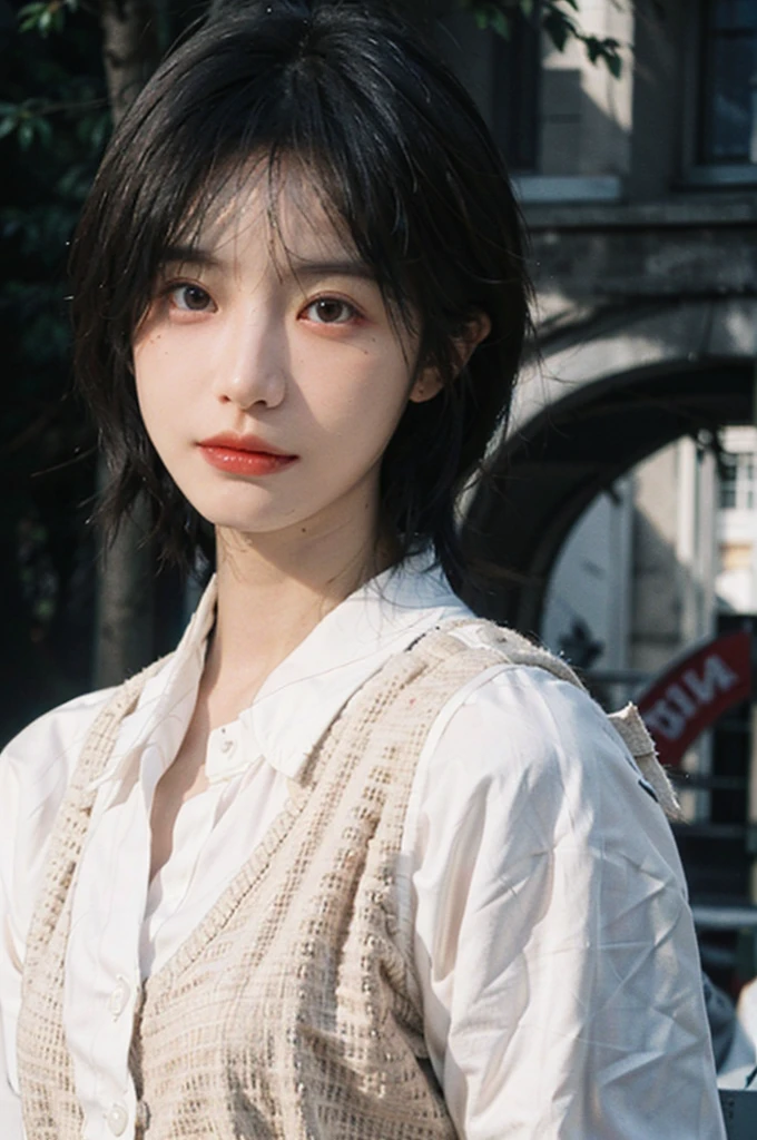 (Skin details:1.4), (smooth skin textures:1.3), Lipstick, background, Direct vision, earrings, serene, calm, (Realistic and detailed eyes:1.2), Natural skin texture, Realistic facial details, Soft dramatic lighting, Vivid details, 35 mm film, outdoor, (Photo Practical:1.4), (hyper Practical:1.4), (Practical:1.3), (Smoother lighting:1.05), (Improve lighting quality:0.9), (Highest quality real skin textures:1.4), Exquisite eyes, Delicate face, Close-up of face, (Enhance the beauty of skin texture:1.1), Hair details, Vest,normal body ratio, short hair, Moles under the eyes, thinking, A faint smile,公园background,Portrait Photography, Depth of Field, Bokeh, Surrealism, Ray Tracing, (Portrait Photography:1.1), Surrealism, High Detail, Chiaroscuro, Ray Tracing, reflected light, Ultra HD, Ultra HD, masterpiece, Textured Skin, Super Detail, High Detail, high quality, best quality
