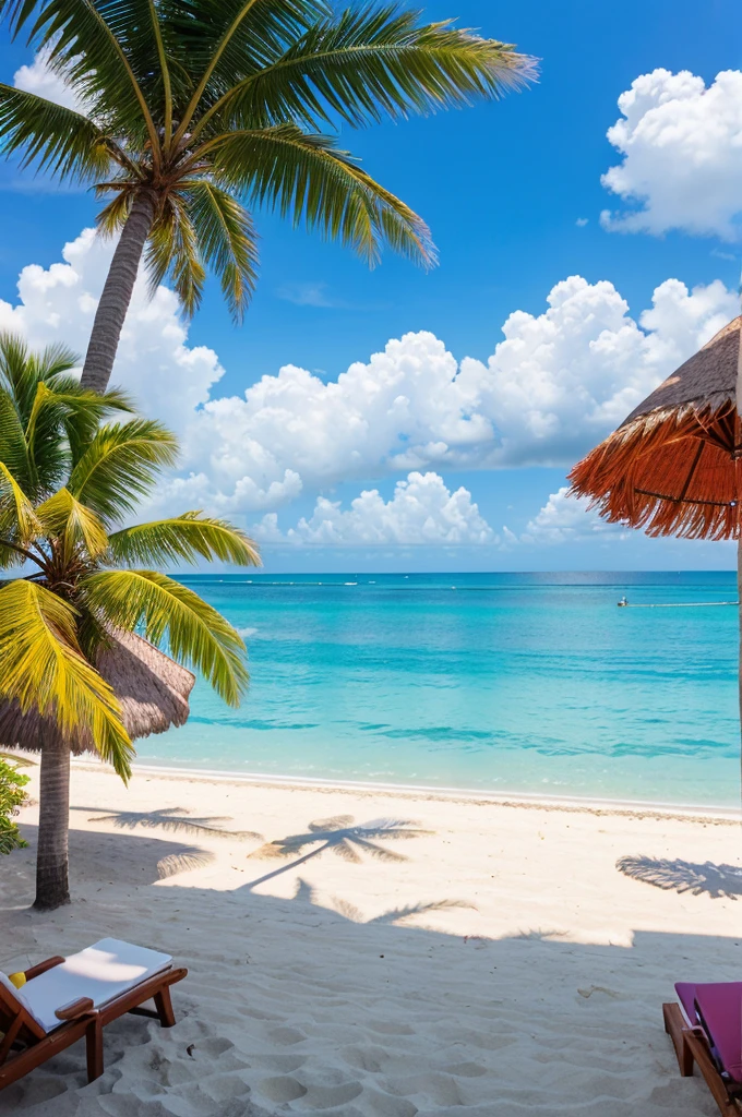 A warm and sunny beach scene with crystal-clear waters, swaying palm trees, and a colorful beach umbrella in the distance.