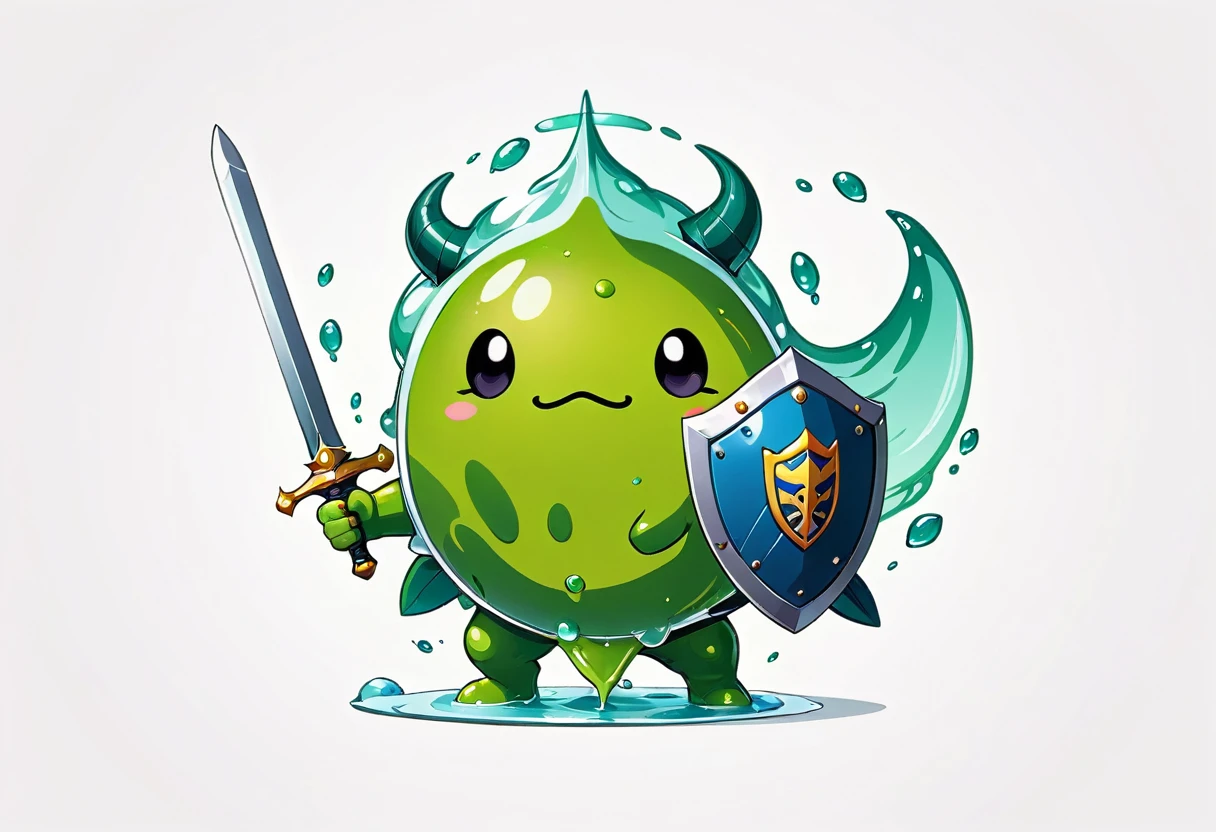 vector style, illustration, minimalist style, logo, cute style, cartoon style, round slime warrior with sword and shield, clear white background