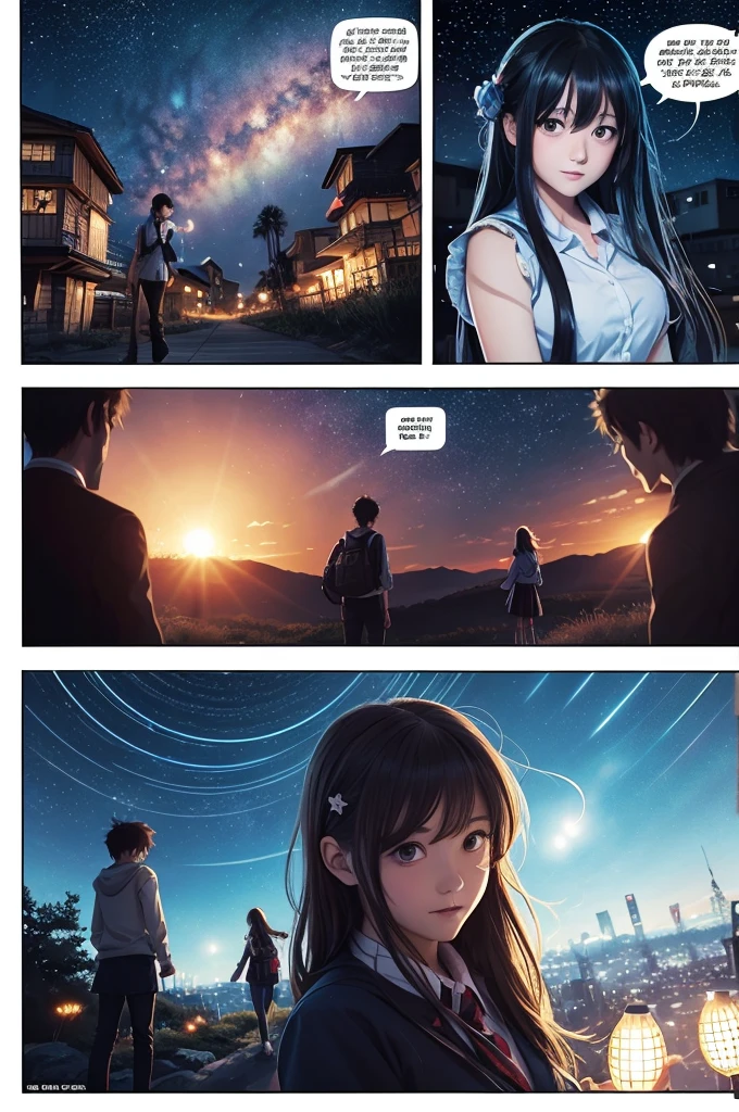 Comic book storyboard:1.8, Comic Strip, English text,The story depicts a high school girl who falls in love with a man in his 20s., anime emoji theme, Night Sky, beautiful fireflies, text dialog box, Draw the cover of this article, japanese anime manga, Hyper HD, 24K Full HD, Anime Style.