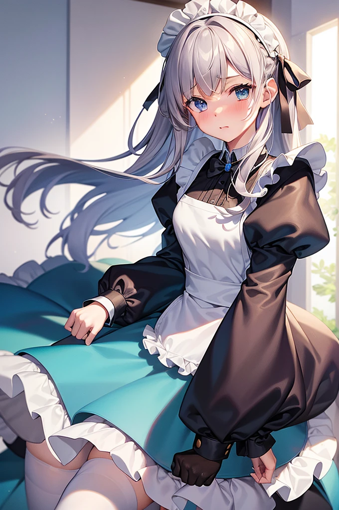 masterpiece, best quality,1girl, solo,whtie hair,medium hair,blue eyes,long sleeves,juliet sleeves,apron,maid,maid headdress,puffy sleeves,green dress,vest,buttons, white thighhighs,standing, looking at viewer, nose blush,