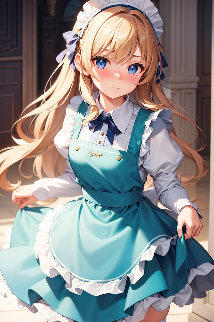 masterpiece, best quality,1girl, solo,whtie hair,medium hair,blue eyes,long sleeves,juliet sleeves,apron,maid,maid headdress,puffy sleeves,green dress,vest,buttons, white thighhighs,standing, looking at viewer, nose blush,