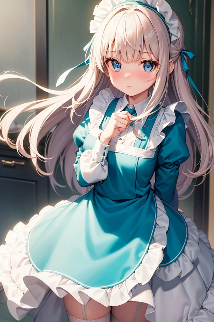 masterpiece, best quality,1girl, solo,whtie hair,medium hair,blue eyes,long sleeves,juliet sleeves,apron,maid,maid headdress,puffy sleeves,green dress,vest,buttons, white thighhighs,standing, looking at viewer, nose blush,