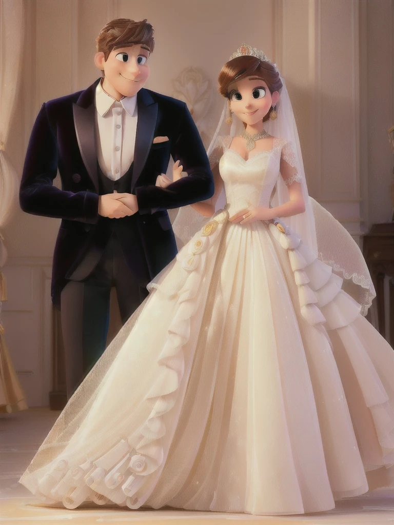 A man and a woman in formal attire pose for a photo, wedding, Cute couple, Elegant couple, portrait,(best quality,high resolution,masterpiece:1.2), Disney Pixar style couple, Extremely detailed, (Practical,photoPractical,photo-Practical:1.37), Vibrant colors, Stage lighting