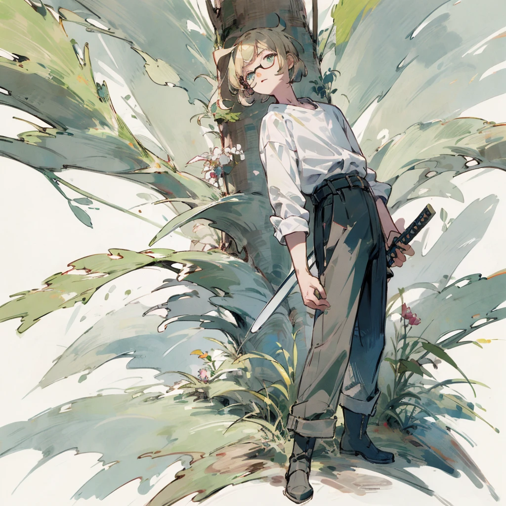 boy, blond, bob hairstyle, tired turquoise eyes, White shirt, black trousers, yellow round glasses, belted katana, boots on my feet, stands exactly