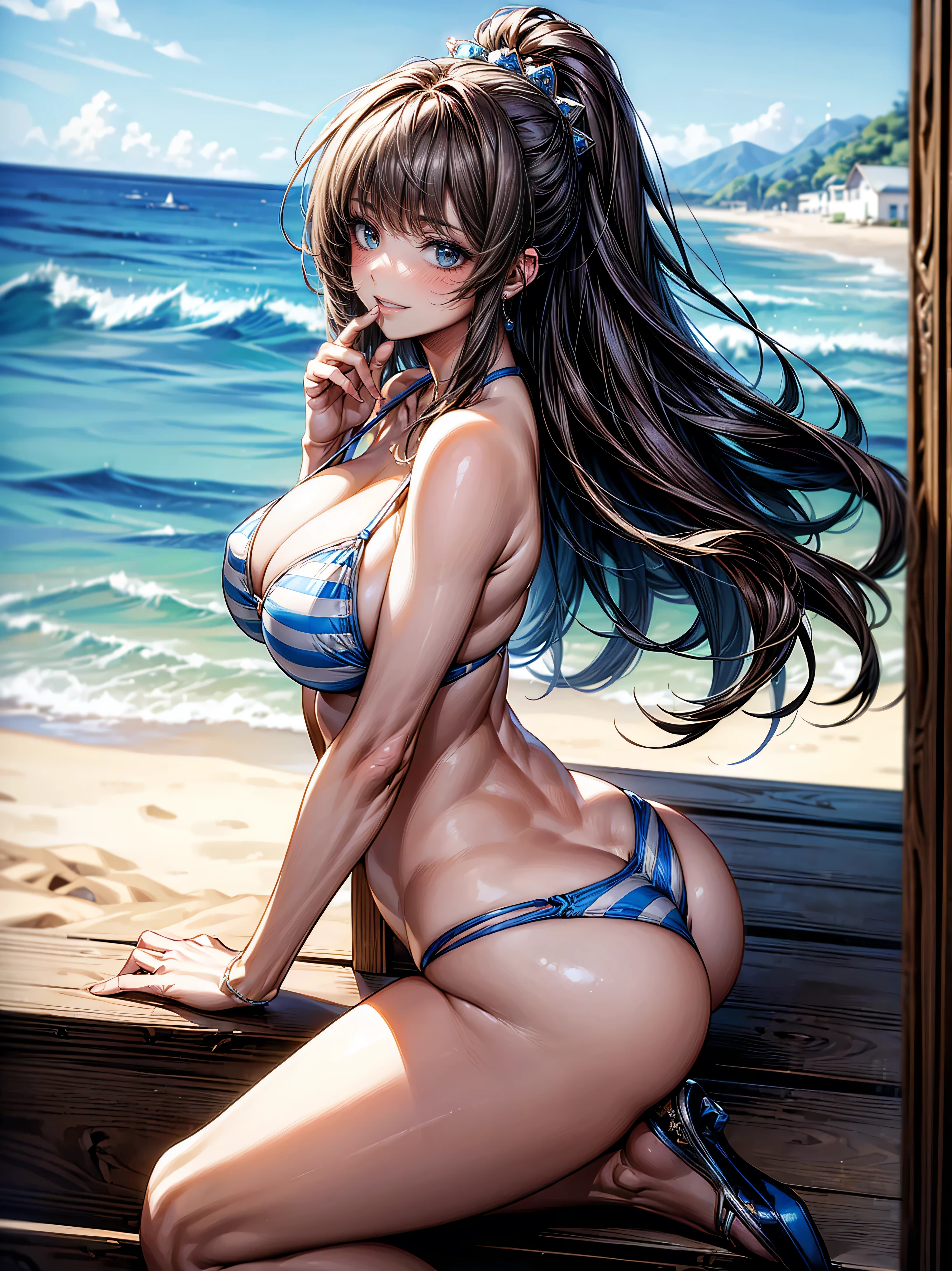 (masterpiece, Highest quality, Super detailed:1.3), Perfect composition, 4K, (Very detailed, Super detailed), Blue and white bikini、Bikini with horizontal stripes, High resolution, 8k Texture, Attention to detail, Highly detailed skin texture, Magnificent details, High Sharpness, One girl, (Fine grain:1.3), (25-year-old woman:1.3), (skinny), (Big Breasts), Bright beach,、smile、Sticking out tongue、Butt sticking out pose
