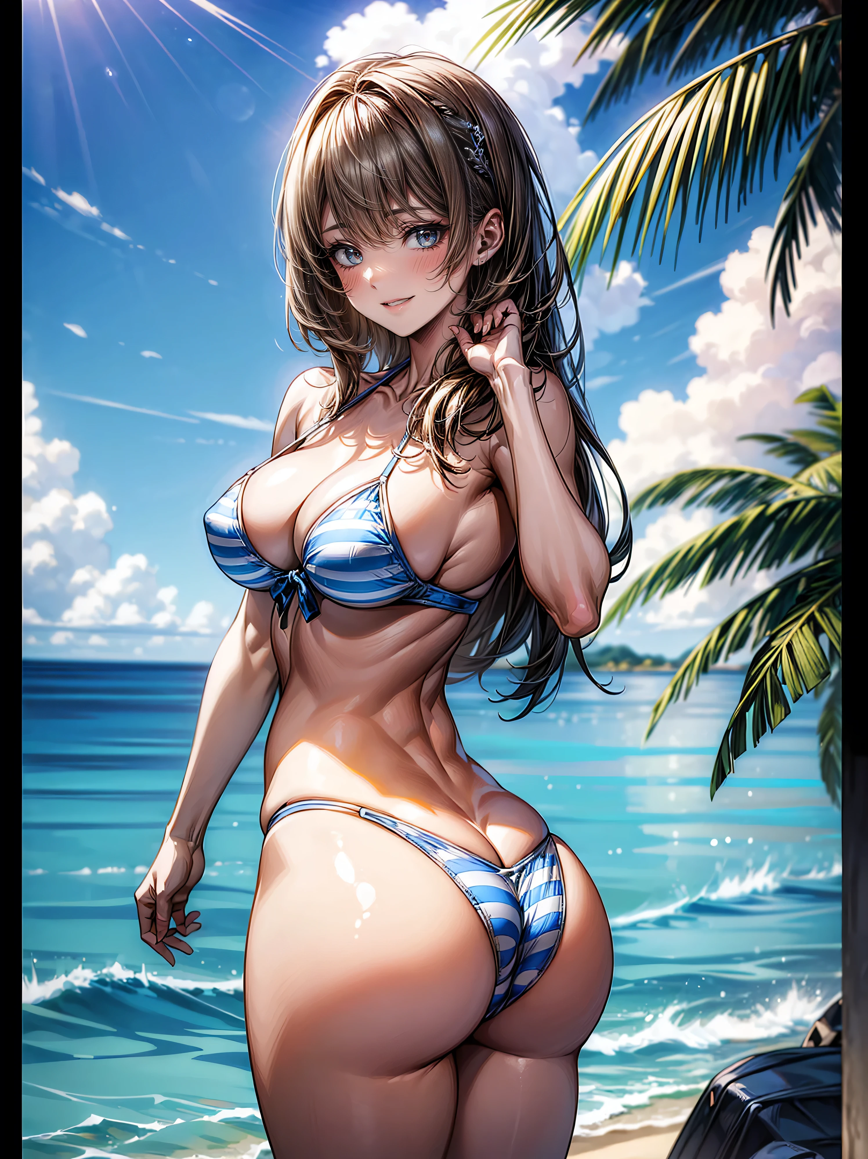 (masterpiece, Highest quality, Super detailed:1.3), Perfect composition, 4K, (Very detailed, Super detailed), Blue and white bikini、Bikini with horizontal stripes, High resolution, 8k Texture, Attention to detail, Highly detailed skin texture, Magnificent details, High Sharpness, One girl, (Fine grain:1.3), (25-year-old woman:1.3), (skinny), (Big Breasts),  Bright beach,、smile、Sticking out tongue、Butt sticking out pose