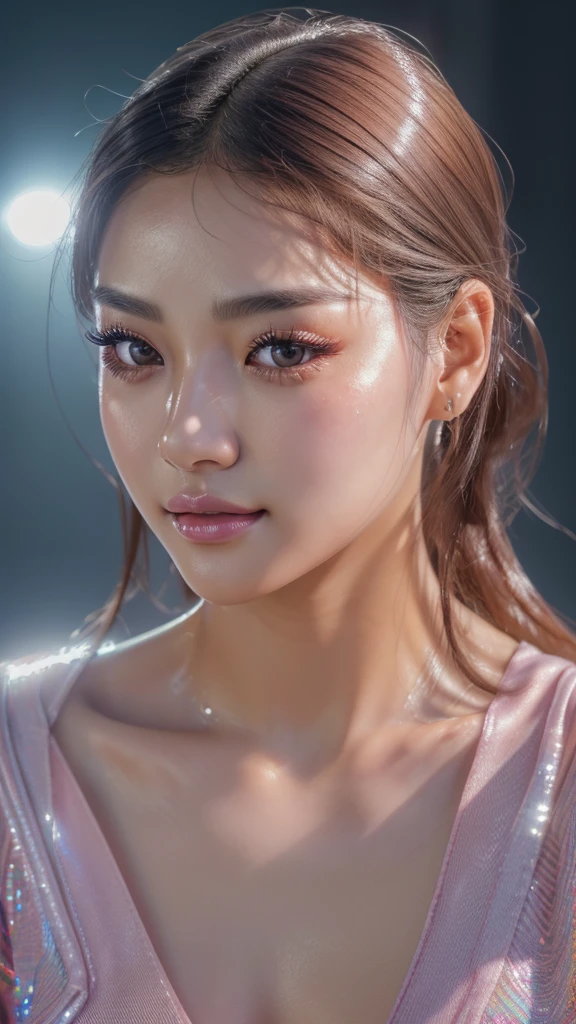 (8k, RAW photo, photorealistic:1.25) ,( lipgloss, eyelashes, gloss-face, glossy skin, best quality, ultra highres, depth of field, chromatic aberration, caustics, Broad lighting, natural shading,Kpop idol) looking at viewer with a serene and goddess-like happiness,