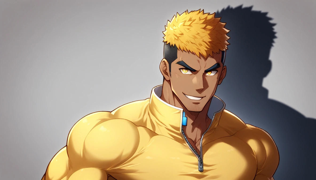 anime characters:Gyee, Muscle Sports Student, negro black skin, 1 dark skin muscular tough guy, Manliness, male focus, Light yellow high collar long sleeve tight T-shirt, Slightly transparent material, Very tight, Round, full and perky chest muscles, Slightly transparent, muscular male, muscular, only, Upper body, alone, Black short hair, Thick eyebrows, stubble, Yellow eyes, Grey background, simple background, amazing quality, best aesthetics, Ridiculous, bright pupils, crew cut, parted lips, seductive smile, torogao, naughty face, drop shadow, best quality