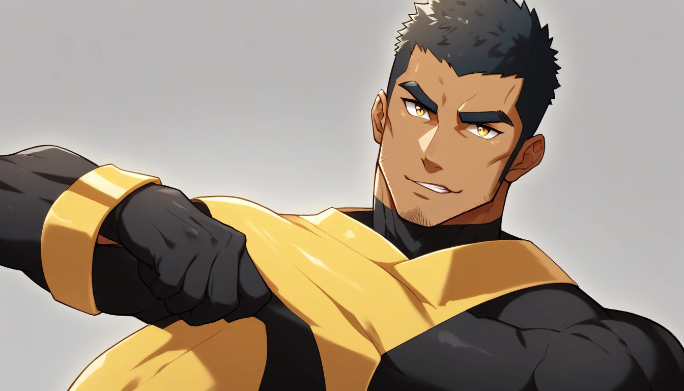 anime characters：Gyee, Muscle Sports Student, negro black skin, 1 dark skin muscular tough guy, Manliness, male focus, Light yellow high collar long sleeve tight T-shirt, Slightly transparent material, Very tight, Round, full and perky chest muscles, Slightly transparent, muscular male, muscular, only, Upper body, alone, Black short hair, Thick eyebrows, stubble, Yellow eyes, Grey background, simple background, amazing quality, best aesthetics, Ridiculous, bright pupils, crew cut, parted lips, seductive smile, torogao, naughty face, drop shadow, best quality