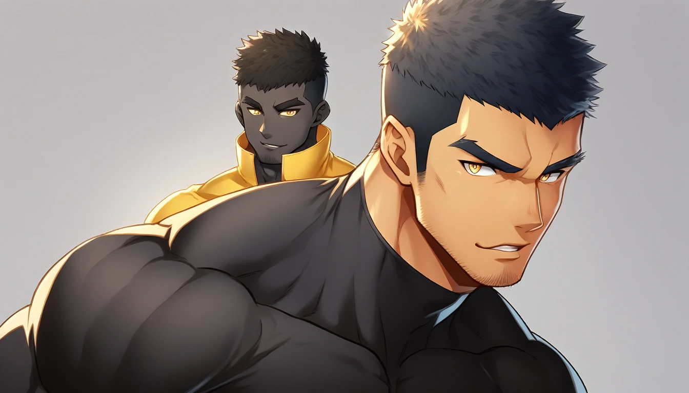 anime characters:Gyee, Muscle Sports Student, negro black skin, 1 dark skin muscular tough guy, Manliness, male focus, Light yellow high collar long sleeve tight T-shirt, Slightly transparent material, Very tight, Round, full and perky chest muscles, Slightly transparent, muscular male, muscular, only, Upper body, alone, Black short hair, Thick eyebrows, stubble, Yellow eyes, Grey background, simple background, amazing quality, best aesthetics, Ridiculous, bright pupils, crew cut, parted lips, seductive smile, torogao, naughty face, drop shadow, best quality