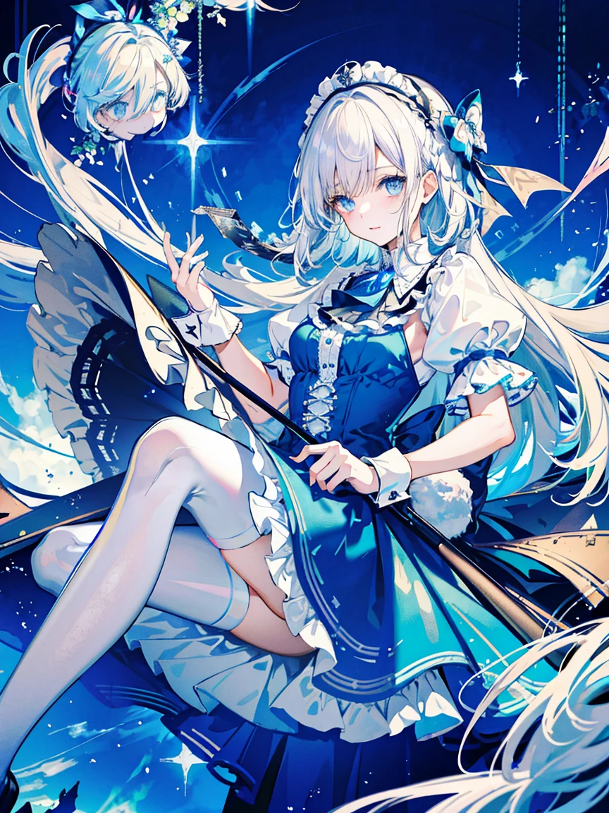 (Fine and beautiful eyes), Cinema Lighting, Gray Hair, blue eyes, Long blonde hair, Curly Hair, Roman Curl, Puff sleeves, Frills, Shining Eyes, (Irradiated particles), cloudyラッパー, Alice in Wonderland, blue eyes, Light blue dress, Cane, Dramatic composition, Extreme Detail, High resolution, Mr... Rabbit, White Rabbit, Pocket watch, Playing cards flying in the air, ta Dress, blue and white striped stockings, bow, Looking at the camera, Socks with Frills, Pearl Necklace, Lace gloves, Large bow Headdress, ribbon, Jumping, autumn, float, cloudy, Starry Sky, dream-like