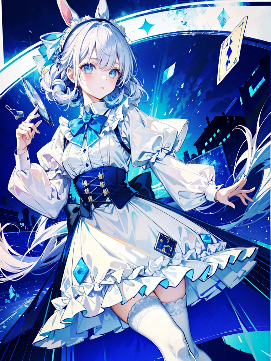 (Fine and beautiful eyes), Cinema Lighting, Gray Hair, blue eyes, Long blonde hair, Curly Hair, Roman Curl, Puff sleeves, Frills, Shining Eyes, (Irradiated particles), cloudyラッパー, Alice in Wonderland, blue eyes, Light blue dress, Cane, Dramatic composition, Extreme Detail, High resolution, Mr... Rabbit, White Rabbit, Pocket watch, Playing cards flying in the air, ta Dress, blue and white striped stockings, bow, Looking at the camera, Socks with Frills, Pearl Necklace, Lace gloves, Large bow Headdress, ribbon, Jumping, autumn, float, cloudy, Starry Sky, dream-like