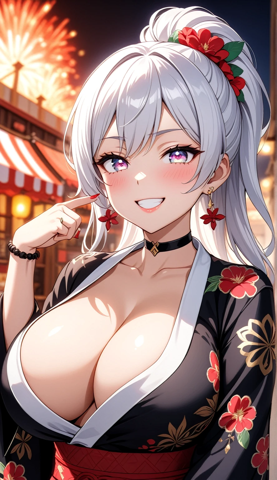 ((One personの女性)), Beautiful Face, ((seductive grin smug)), (head tilt), ((Wink:1.7)), Laugh with your mouth wide open,((Bright red cheeks:1.4)),Shiny red lips,night,Port Festival,You can see the ocean, firework,Laughing with your mouth open,Glossy pink lips,Facial lighting,((Anime style background)),masterpiece, Highest quality, so beautiful,up to date, Complex details, (Pink long nails), (4fingers and 1thumbs), (ring),(bracelet),(choker),AI-generated, Complex,High resolution, Highest quality, super high quality,3D Images、3D Images,One person,Long white hair,High Ponytail,(blue eyes),Anime woman posing for a photo, ((Fine grain、Silvery white colorful eyes、Shining Eyes:1.3)),(Squint your eyes:1.1),a hyperRealistic , hyperRealistic , Realistic,Anime woman with long white hair, Smooth anime CG art, A woman in a colorful kimono with gold embroidery, (Black long sleeve kimono),Red floral pattern,Long flower hair ornament,Earrings,Mature Body,(Big Breasts:1.1),Tall,Abdominal muscles,Narrow waist,(Zoom up to face:1.5),(front view),