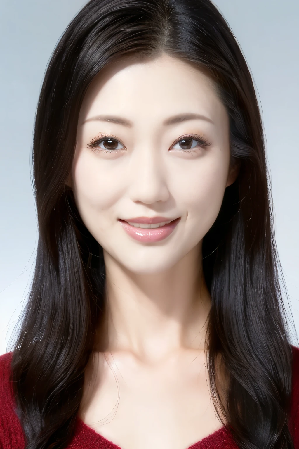 A close up of a woman with long black hair and a red sweater - SeaArt AI