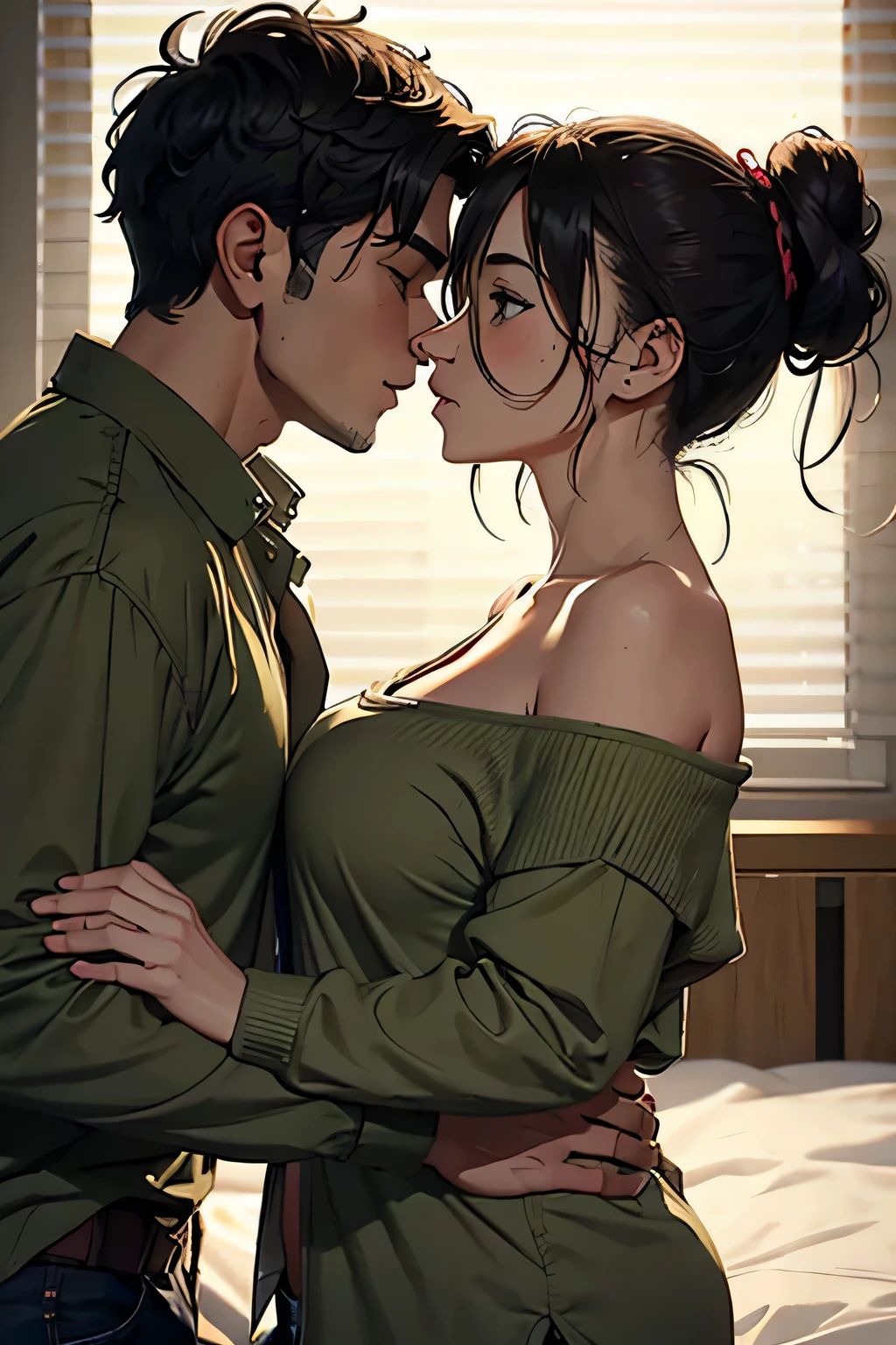 Amazing portait of a hot next door neighbour with her hair tied in a messy bun wearing an off shoulder checked olive green shirt that is unbuttoned and oversized kissing and making out passionately with her male neighbour on her bed in an intimate setting