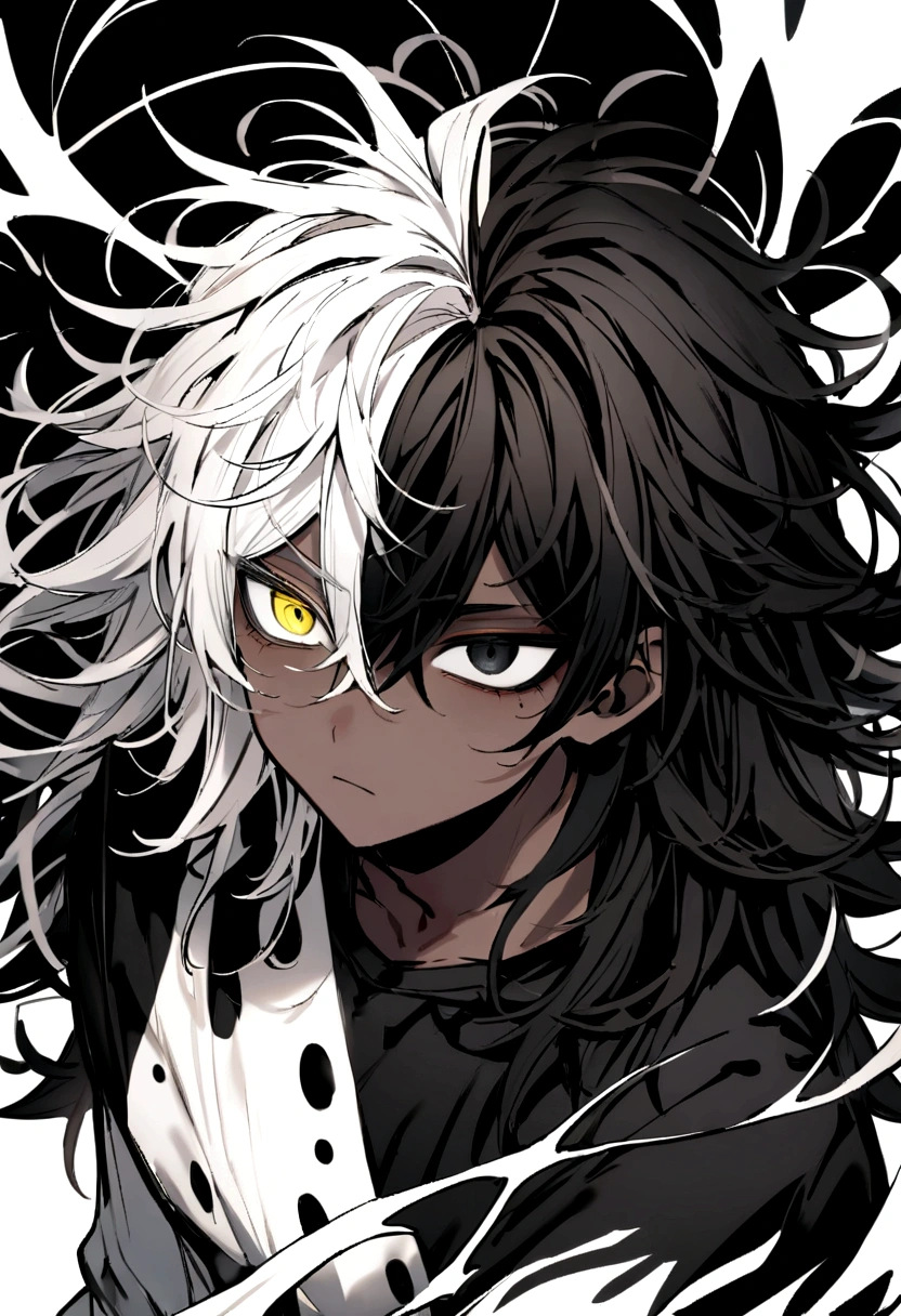 It has a black shirt with silver details, a black hunt, and black and white sneakers ,yellow and black eyes heterochromia, dark expression , Messy hair , Medium length hair , 1 men , black and white hair more black than white , two tone hair , dark skin color has, is using domino expansion