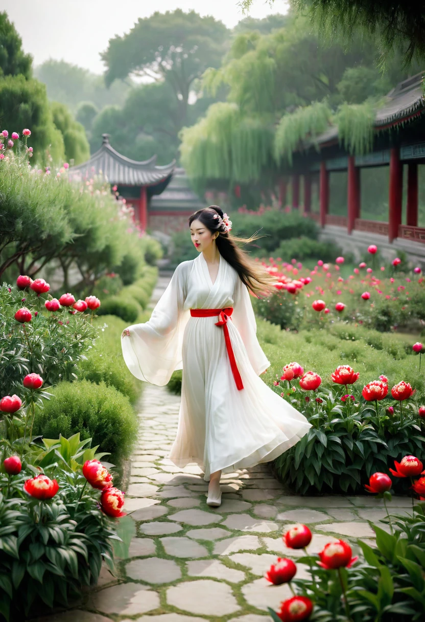 a woman wearing a white dress walking in a garden with red and white peony flowers in the foreground, a girl wearing hanfu traditional chinese clothing, long flowing hair and robe, ancient chinese garden background