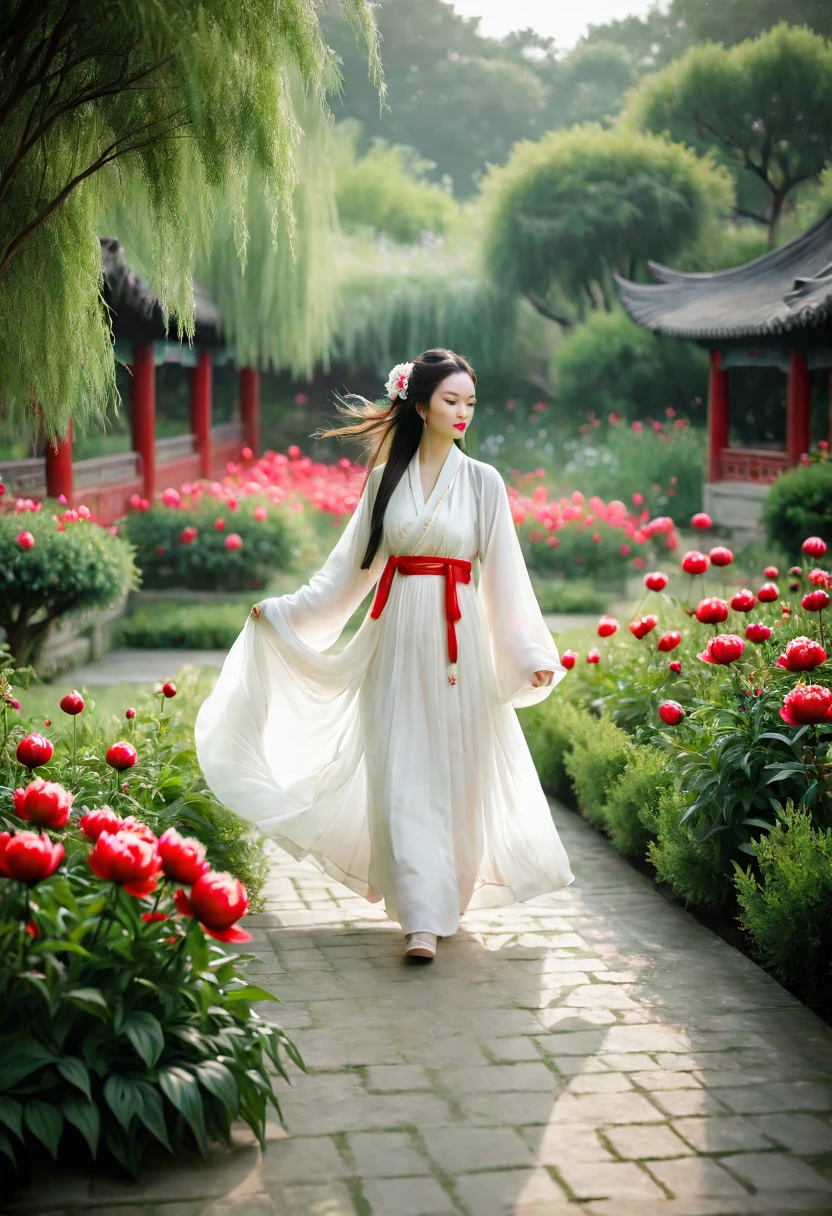 a woman wearing a white dress walking in a garden with red and white peony flowers in the foreground, a girl wearing hanfu traditional chinese clothing, long flowing hair and robe, ancient chinese garden background