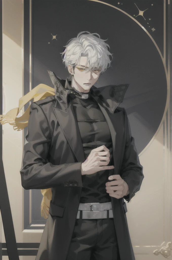 (Masterpiece:1.4), (best quality:1.2), yoo joonghyuk, 1boy, male focus, black jacket, black shirt, black pants, upper body, white hair, yellow eye, horizontal scarf on the face