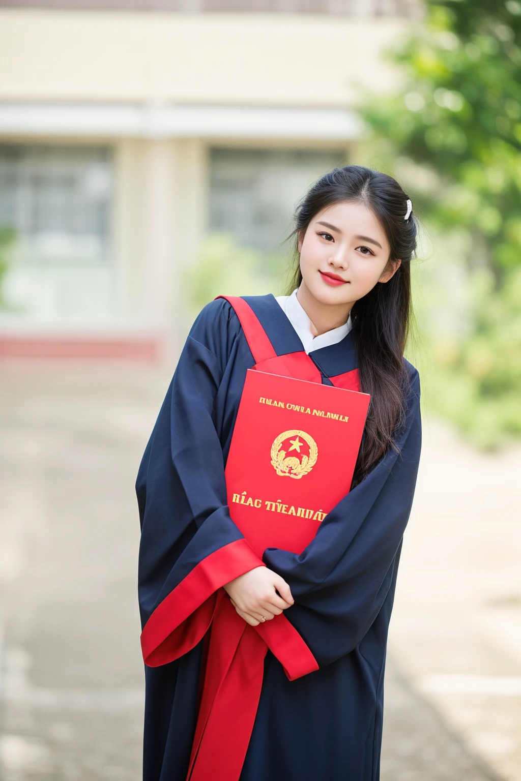 arafed woman in a graduation gown holding a red book, wearing an academic gown, graduation photo, young asian girl, vietnamese woman, student, girl wearing uniform, ao dai, a young asian woman, photo of the girl, young asian woman, photo of young woman, portrait shot, mai anh tran, girl, portrait of high school girl, wearing red attire