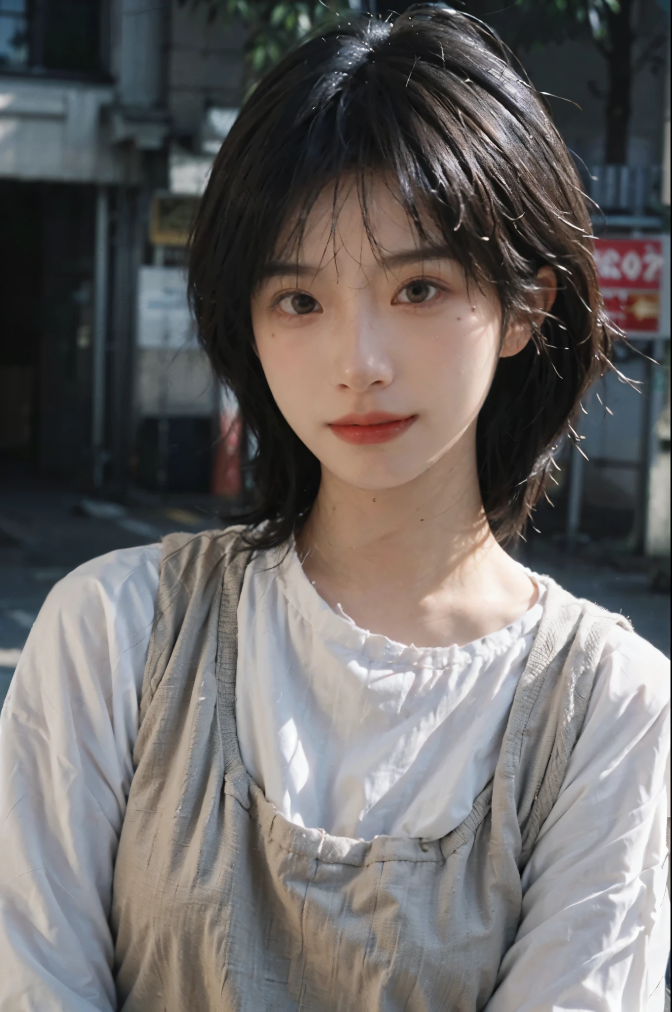 (Skin details:1.4), (smooth skin textures:1.3), Lipstick, background, Direct vision, earrings, serene, calm, (Realistic and detailed eyes:1.2), Natural skin texture, Realistic facial details, Soft dramatic lighting, Vivid details, 35 mm film, outdoor, (Photo Practical:1.4), (hyper Practical:1.4), (Practical:1.3), (Smoother lighting:1.05), (Improve lighting quality:0.9), (Highest quality real skin textures:1.4), Exquisite eyes, Delicate face, Close-up of face, (Enhance the beauty of skin texture:1.1), Hair details, Vest,normal body ratio, short hair, Moles under the eyes, thinking, A faint smile,公园background,Portrait Photography, Depth of Field, Bokeh, Surrealism, Ray Tracing, (Portrait Photography:1.1), Surrealism, High Detail, Chiaroscuro, Ray Tracing, reflected light, Ultra HD, Ultra HD, masterpiece, Textured Skin, Super Detail, High Detail, high quality, best quality