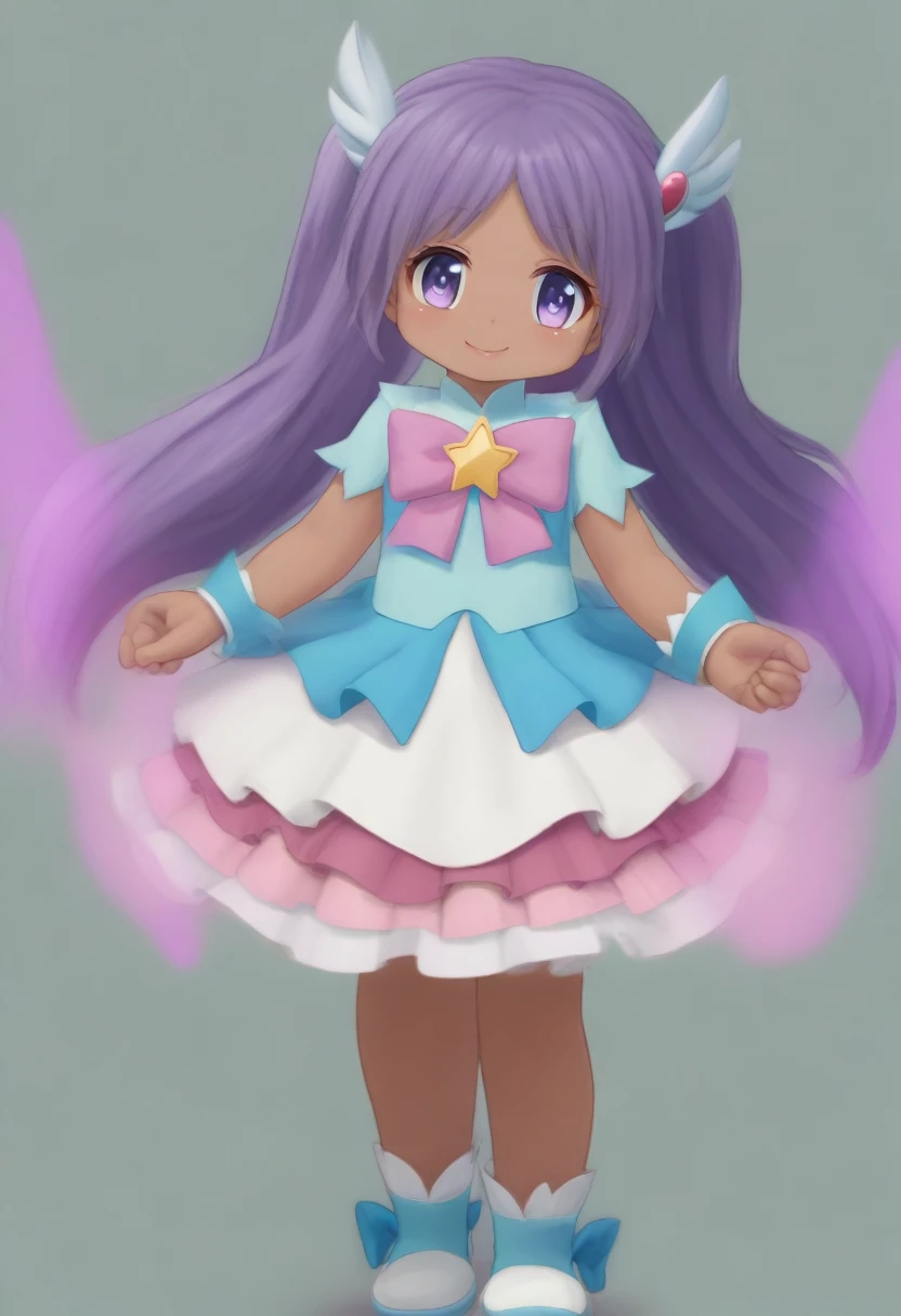 Dark skin, 1girl, purple hair, long hair, purple eyes, lipgloss, Star twinkle precure outfit, magical girl clothes, mediumbreasts, magical septer, magical aura, cute smile,