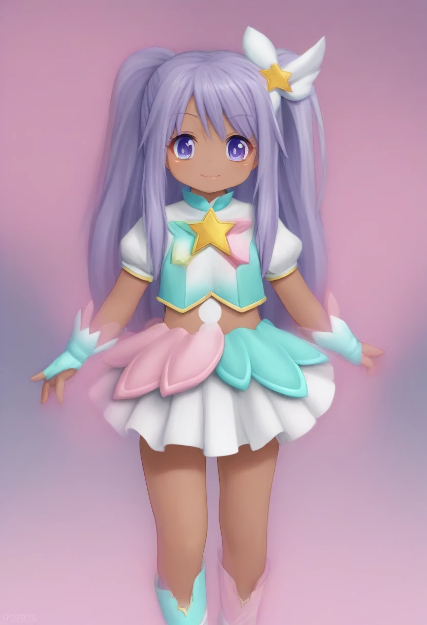 Dark skin, 1girl, purple hair, long hair, purple eyes, lipgloss, Star twinkle precure outfit, magical girl clothes, mediumbreasts, magical septer, magical aura, cute smile,