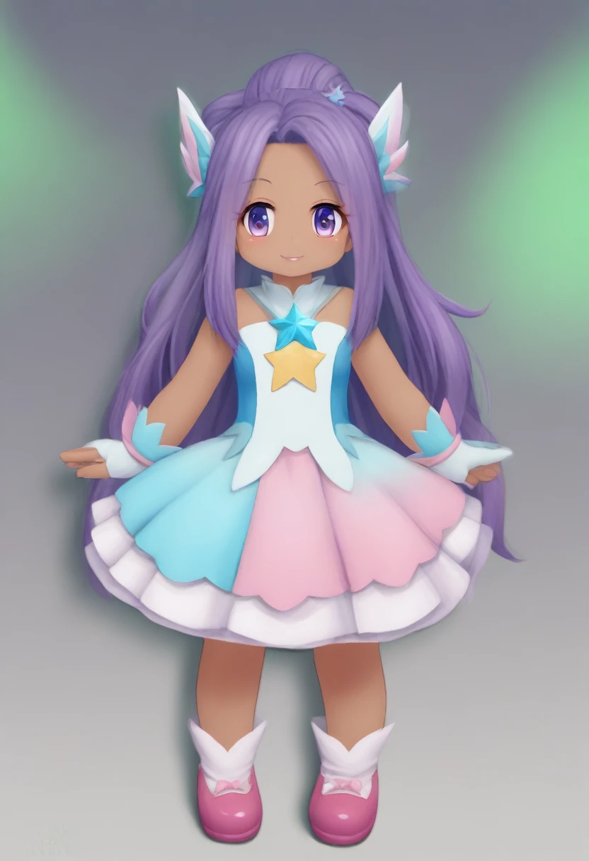 Dark skin, 1girl, purple hair, long hair, purple eyes, lipgloss, Star twinkle precure outfit, magical girl clothes, mediumbreasts, magical septer, magical aura, cute smile,