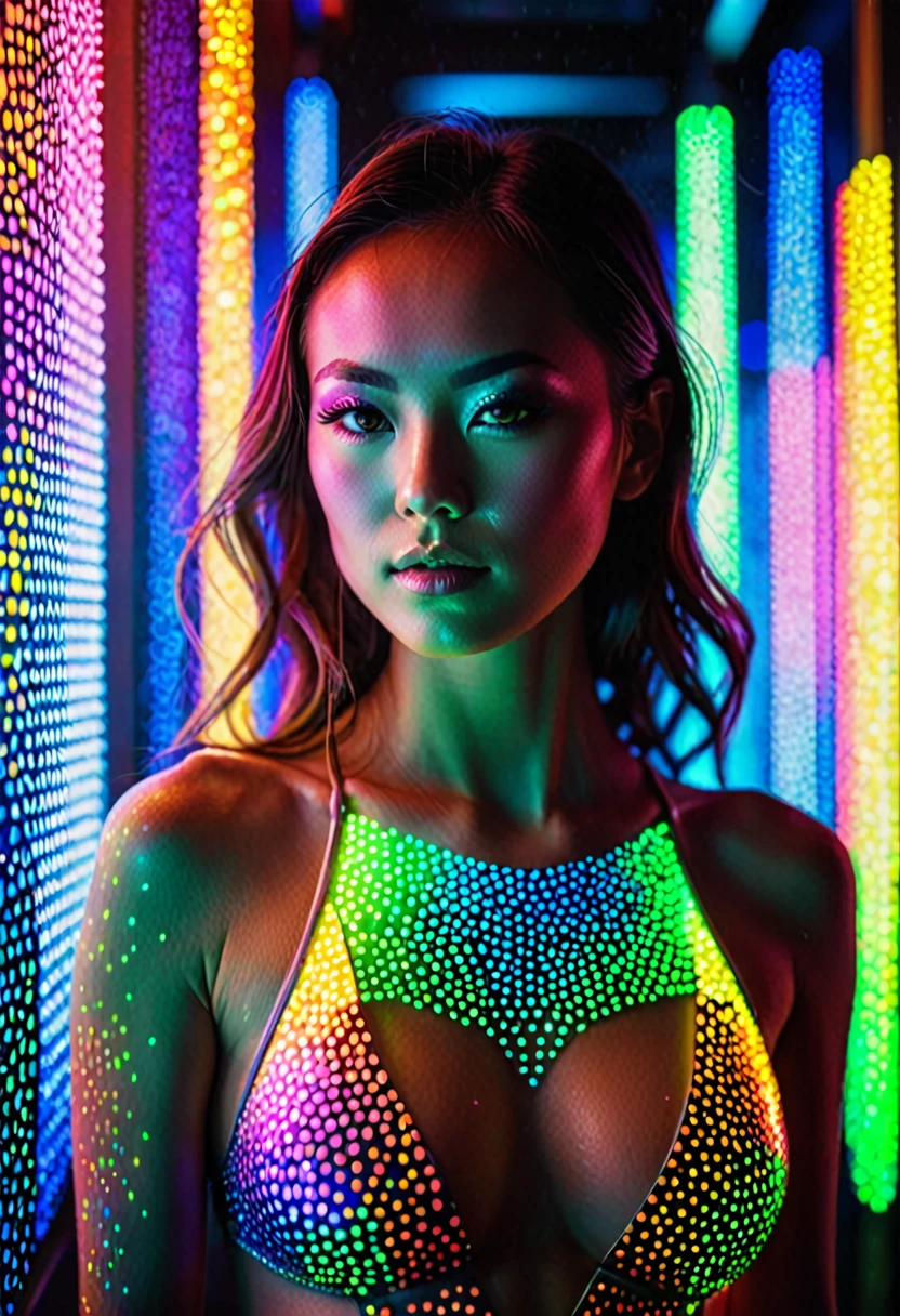 full portrait unique photography with light and painting. Using Fluorescent materials to form pointillism that are implemented on the pretty japanese women face with dynamic pose. Phosphorescent materials store light and release it slowly. Futuristic Glass room, glow in the dark, prism rainbow lensflare effect, macro portrait shot, Ultra highly detailed, skin texture,  neon glow backround, Realistic Portrait by Arnau Mas