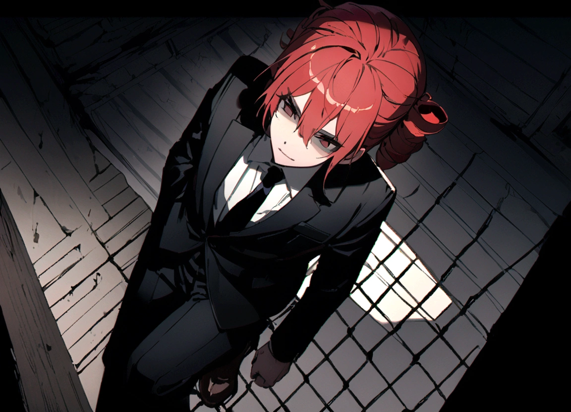 Red hair、Black suit、Black slacks、Wearing leather shoes、Inside the prison