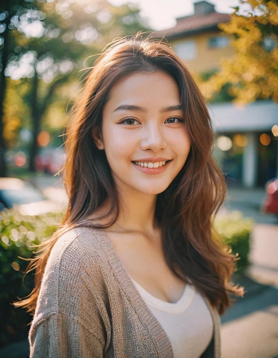 Portrait MagMix Girl look at camera, long hair,casual outfit,large breasts,pose,bokeh,smile bathed in warm sunlight, analog film photo, Kodachrome.
