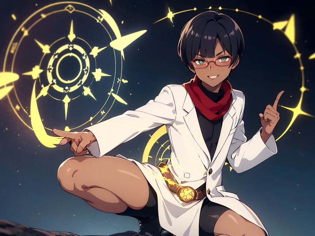 (flat chest), (masterpiece:1.2), highest quality, High resolution, unity 8k wallpaper, (fine and beautiful eyes:1.6), highly detailed face, perfect lighting, Detailed CG, (perfect hands, perfect anatomy), (1 boy solo:1.4), 20 years old, black hair, extremely beautiful detailfeminine face and eyes, (evil smile:1.4), detailed eyes, best quality,( dark skin:1.8), (turtleneck shirt under lab coat:1.2), (bike shorts:1.2), extremely detailed, very precise detailed, (glasses:1.3), blunt bangs, open mouth, (very short pixie cut:1.2), boots,fingerless gloves, smile, (half closed eyes:1.3) ,(squat in magic circle on ground) ,night sky,long sidelocks,(long red Scarf),(lab coat),(squatting),(squat:1.3),(one knee dwon:1.5),(Put one foot in front:1.3),(stylish pose:1.4),(Raise only index finger:1.1),(spread arms:1.2),(in magic circle on ground only),(open magic scroll by both hands:1.4),(have magic scroll:1.3)