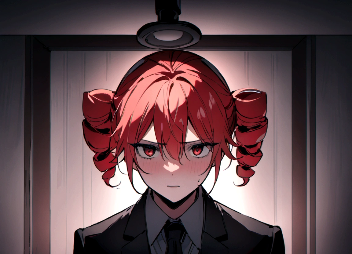 Red hair、Black suit、Black slacks、Wearing leather shoes、Interrogation room